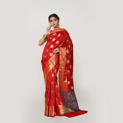 Faishana Presents Red Katan Silk Woven Gold Zari Meena Border Handloom Banarasi Saree With Maroon Blouse Piece