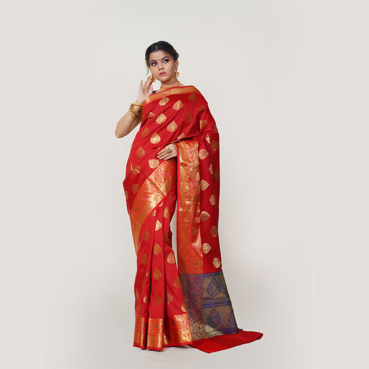 Faishana Presents Red Katan Silk Woven Gold Zari Meena Border Handloom Banarasi Saree With Maroon Blouse Piece