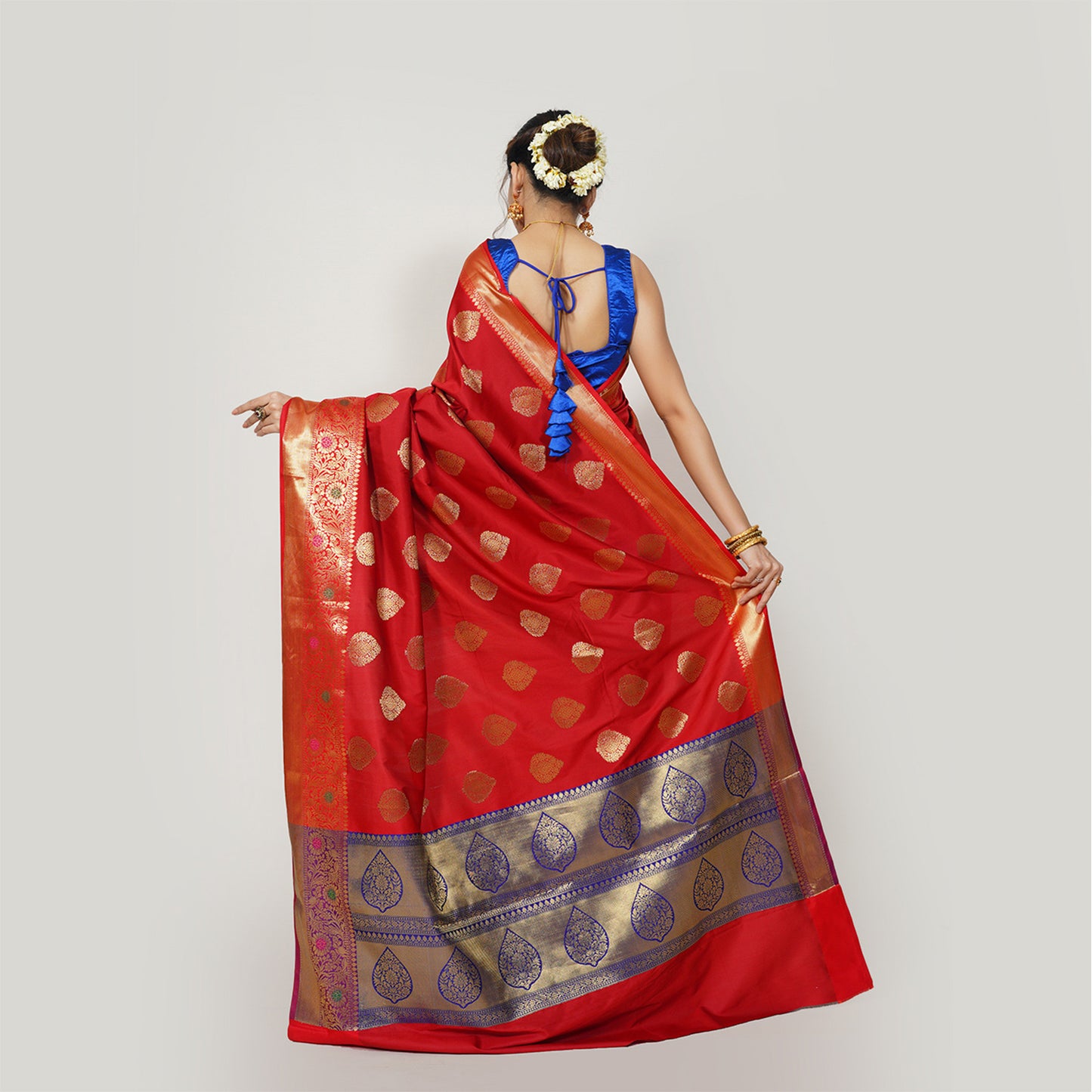 Faishana Presents Red Katan Silk Woven Gold Zari Meena Border Handloom Banarasi Saree With Maroon Blouse Piece