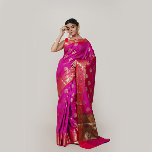 Faishana Presents Vibrant (Magenta) Katan Silk Woven Gold Zari Meena Border Handloom Banarasi Saree With Maroon Blouse Piece