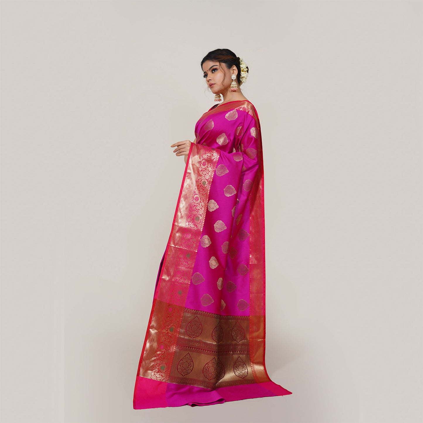 Faishana Presents Vibrant (Magenta) Katan Silk Woven Gold Zari Meena Border Handloom Banarasi Saree With Maroon Blouse Piece