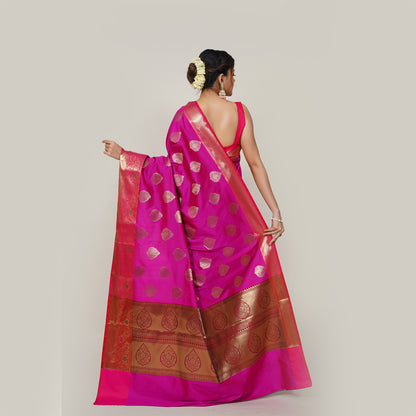 Faishana Presents Vibrant (Magenta) Katan Silk Woven Gold Zari Meena Border Handloom Banarasi Saree With Maroon Blouse Piece