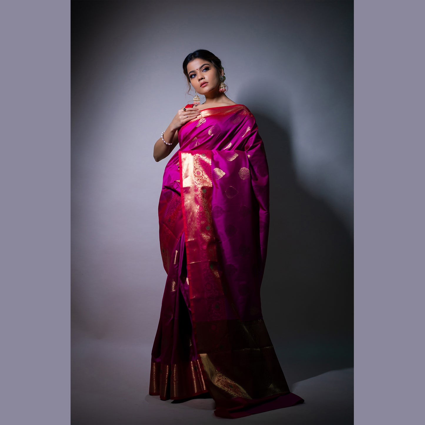 Faishana Presents Vibrant (Magenta) Katan Silk Woven Gold Zari Meena Border Handloom Banarasi Saree With Maroon Blouse Piece