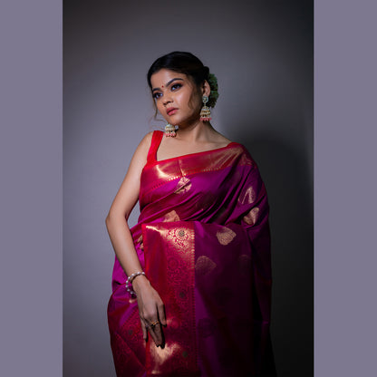 Faishana Presents Vibrant (Magenta) Katan Silk Woven Gold Zari Meena Border Handloom Banarasi Saree With Maroon Blouse Piece