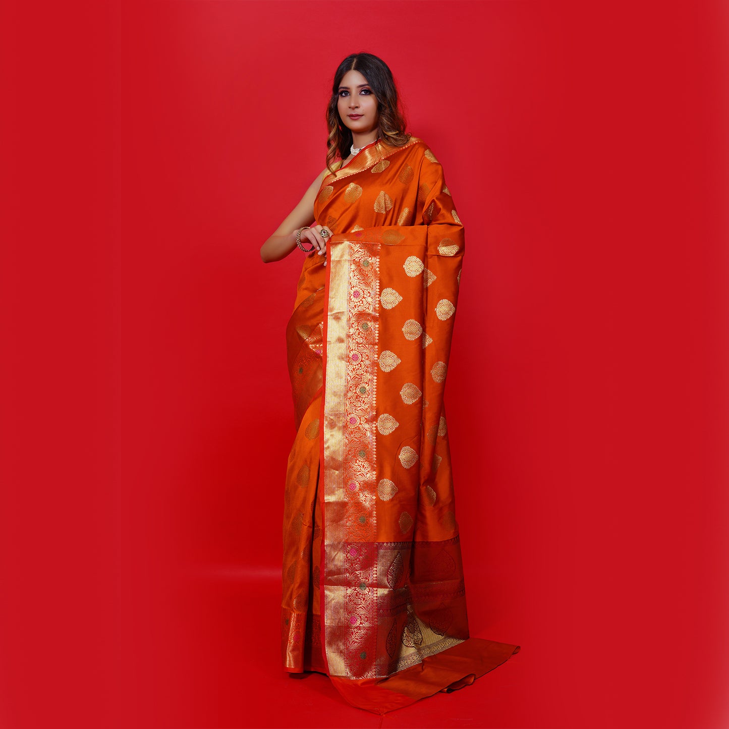 Faishana Presents Princeton Orange Katan Silk Woven Gold Zari Meena Border Handloom Banarasi Saree With Maroon Blouse Piece