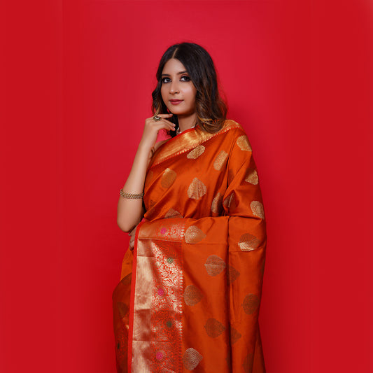 Faishana Presents Princeton Orange Katan Silk Woven Gold Zari Meena Border Handloom Banarasi Saree With Maroon Blouse Piece