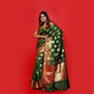 Faishana Presents Dark Green Katan Silk Woven Gold Zari Meena Border Handloom Banarasi Saree With Maroon Blouse Piece