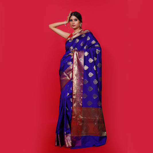 Faishana Presents Violet Katan Silk Woven Gold Zari Meena Border Handloom Banarasi Saree With Maroon Blouse Piece