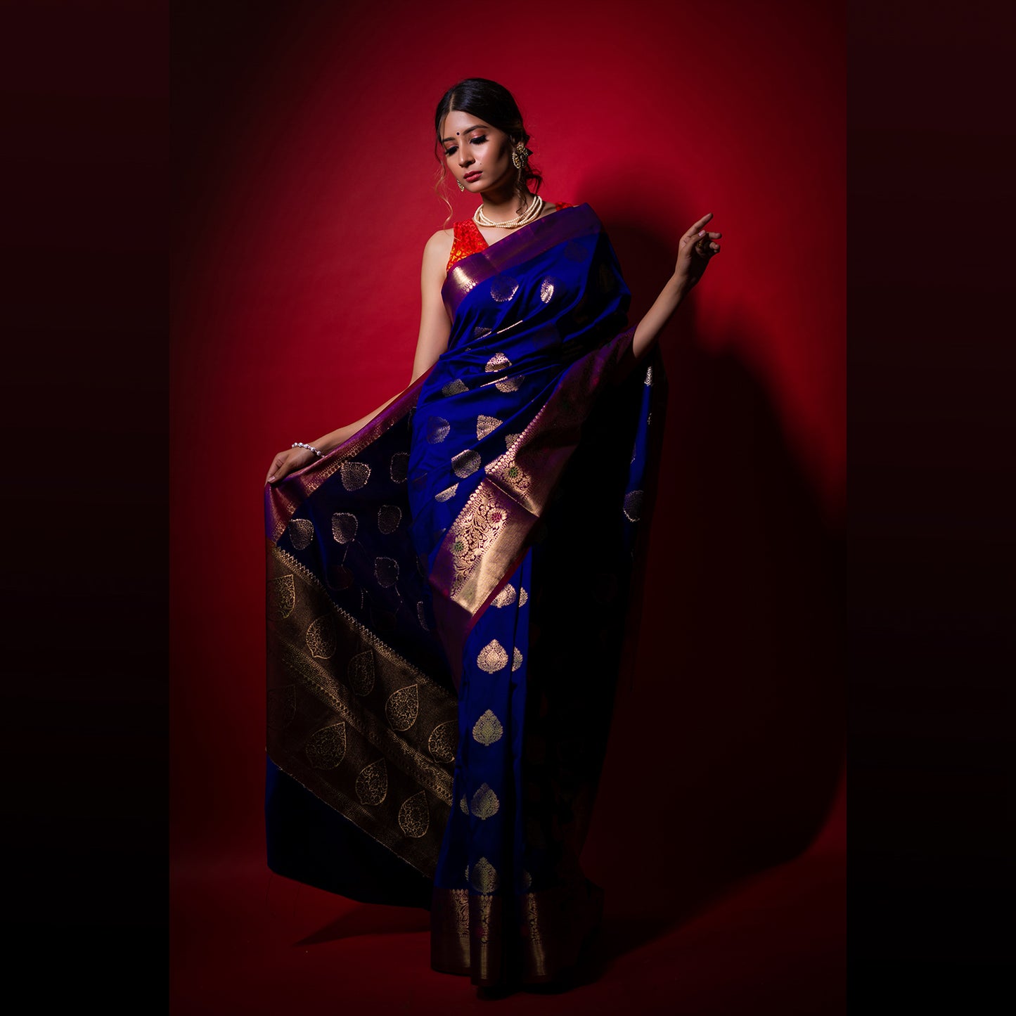 Faishana Presents Violet Katan Silk Woven Gold Zari Meena Border Handloom Banarasi Saree With Maroon Blouse Piece