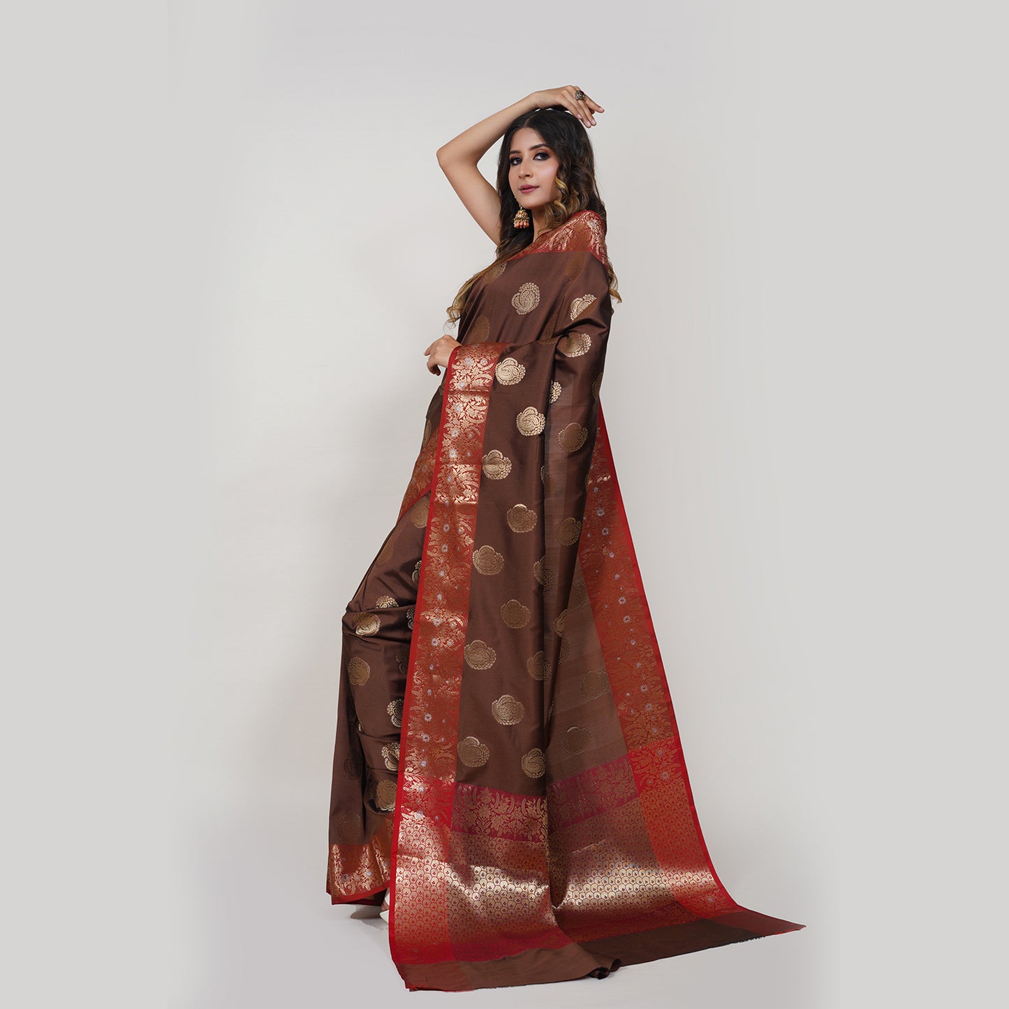 Faishana Presents Light Brown Katan Silk Woven Gold Zari Silver Meena Border Handloom Banarasi Saree With Maroon Blouse Piece