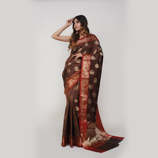 Faishana Presents Light Brown Katan Silk Woven Gold Zari Silver Meena Border Handloom Banarasi Saree With Maroon Blouse Piece