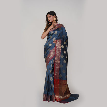 Faishana Presents Grey Katan Silk Woven Gold Zari Silver Meena Border Handloom Banarasi Saree With Maroon Blouse Piece