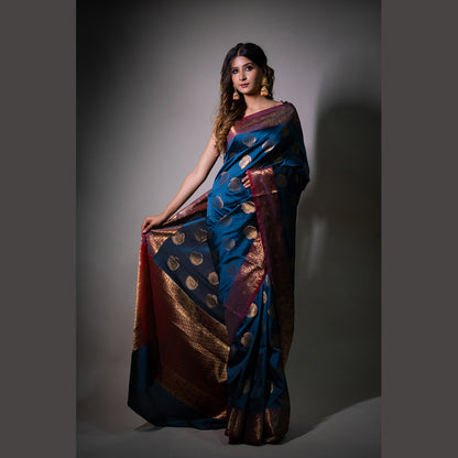 Faishana Presents Grey Katan Silk Woven Gold Zari Silver Meena Border Handloom Banarasi Saree With Maroon Blouse Piece