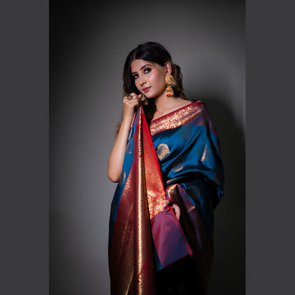 Faishana Presents Grey Katan Silk Woven Gold Zari Silver Meena Border Handloom Banarasi Saree With Maroon Blouse Piece