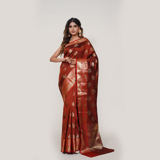 Faishana Presents Chestnut Brown Katan Silk Woven Gold Zari Meena Border Handloom Banarasi Saree With Maroon Blouse Piece
