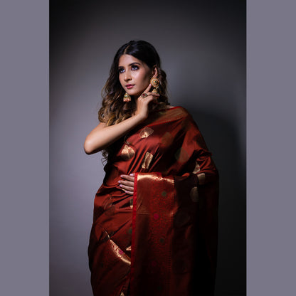 Faishana Presents Chestnut Brown Katan Silk Woven Gold Zari Meena Border Handloom Banarasi Saree With Maroon Blouse Piece