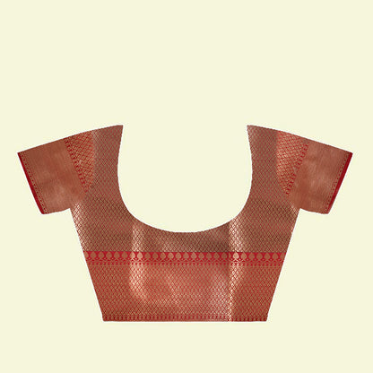 Faishana Presents Chestnut Brown Katan Silk Woven Gold Zari Meena Border Handloom Banarasi Saree With Maroon Blouse Piece