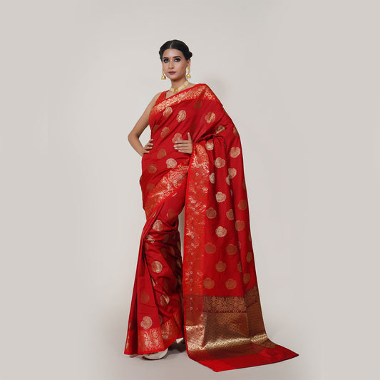 Faishana Presents Red Katan Silk Woven Gold Zari Silver Meena Border Handloom Banarasi Saree With Maroon Blouse Piece