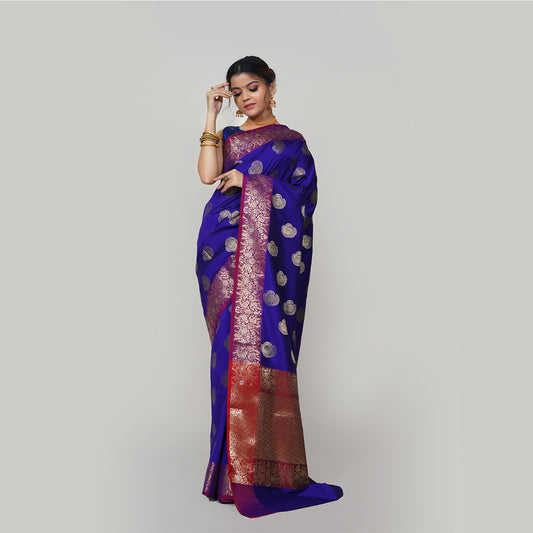 Faishana Presents Blue Katan Silk Woven Gold Zari Silver Meena Border Handloom Banarasi Saree With Maroon Blouse Piece