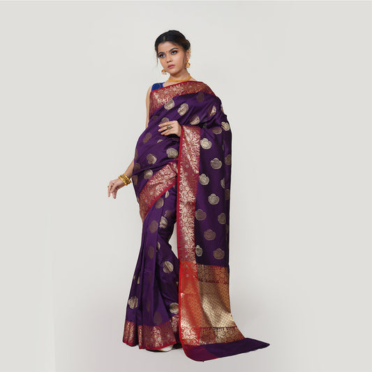 Faishana Presents Wine Katan Silk Woven Gold Zari Silver Meena Border Handloom Banarasi Saree With Maroon Blouse Piece