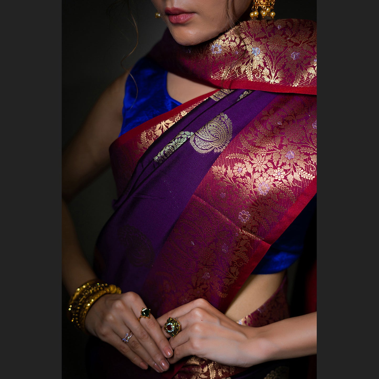 Faishana Presents Wine Katan Silk Woven Gold Zari Silver Meena Border Handloom Banarasi Saree With Maroon Blouse Piece