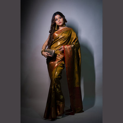 Faishana Presents Flaxen Yellow Katan Silk Woven Gold Zari Meena Border Handloom Banarasi Saree With Maroon Blouse Piece