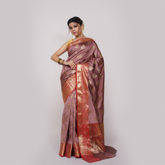 Faishana Presents Light Mauve Katan Silk Woven Gold Zari Meena Border Handloom Banarasi Saree With Maroon Blouse Piece
