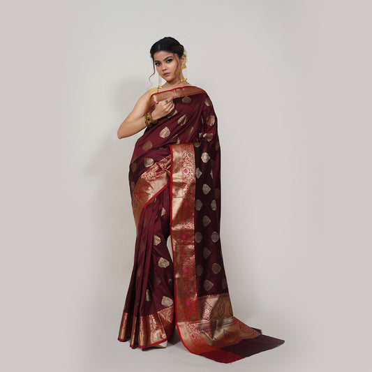 Faishana Presents Dark Brown Katan Silk Woven Gold Zari Meena Border Handloom Banarasi Saree With Maroon Blouse Piece