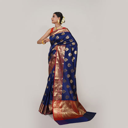 Faishana Presents Navy Blue Katan Silk Woven Gold Zari Meena Border Handloom Banarasi Saree With Maroon Blouse Piece