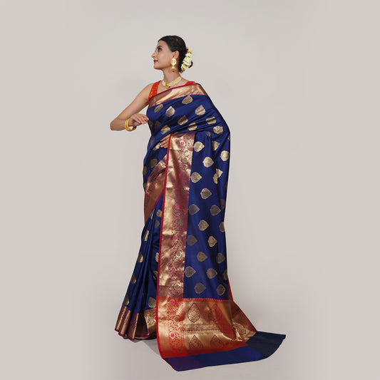 Faishana Presents Navy Blue Katan Silk Woven Gold Zari Meena Border Handloom Banarasi Saree With Maroon Blouse Piece