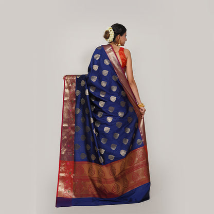 Faishana Presents Navy Blue Katan Silk Woven Gold Zari Meena Border Handloom Banarasi Saree With Maroon Blouse Piece