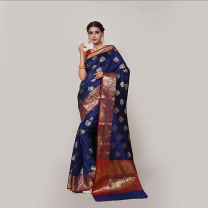 Faishana Presents Navy Blue Katan Silk Woven Gold Zari Meena Border Handloom Banarasi Saree With Maroon Blouse Piece