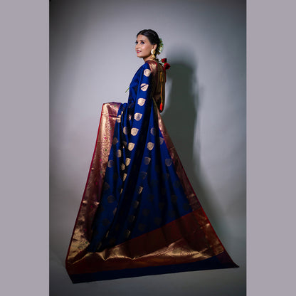 Faishana Presents Navy Blue Katan Silk Woven Gold Zari Meena Border Handloom Banarasi Saree With Maroon Blouse Piece