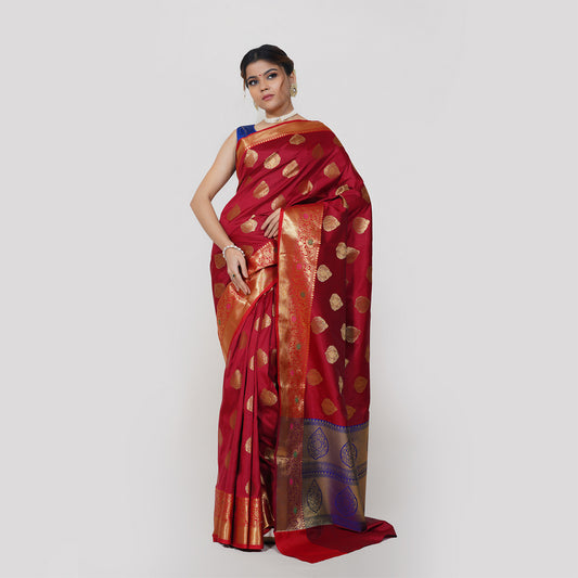 Faishana Presents Light Maroon Katan Silk Woven Gold Zari Meena Border Handloom Banarasi Saree With Indigo Blue Blouse Piece