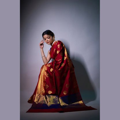 Faishana Presents Light Maroon Katan Silk Woven Gold Zari Meena Border Handloom Banarasi Saree With Indigo Blue Blouse Piece