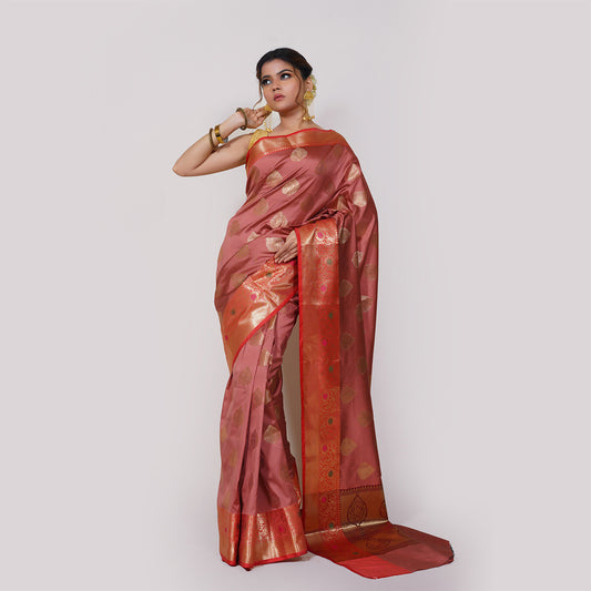 Faishana Presents Peach Katan Silk Woven Gold Zari Meena Border Handloom Banarasi Saree With Maroon Blouse Piece