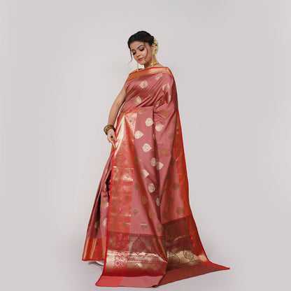 Faishana Presents Peach Katan Silk Woven Gold Zari Meena Border Handloom Banarasi Saree With Maroon Blouse Piece