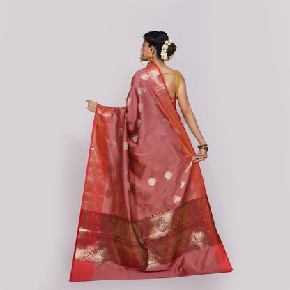 Faishana Presents Peach Katan Silk Woven Gold Zari Meena Border Handloom Banarasi Saree With Maroon Blouse Piece