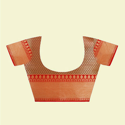 Faishana Presents Peach Katan Silk Woven Gold Zari Meena Border Handloom Banarasi Saree With Maroon Blouse Piece
