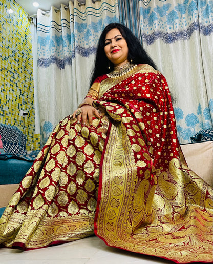 Faishana Presents Maroon Satin Silk Half Half Patli Zari Booti Saree With Maroon Blouse Piece