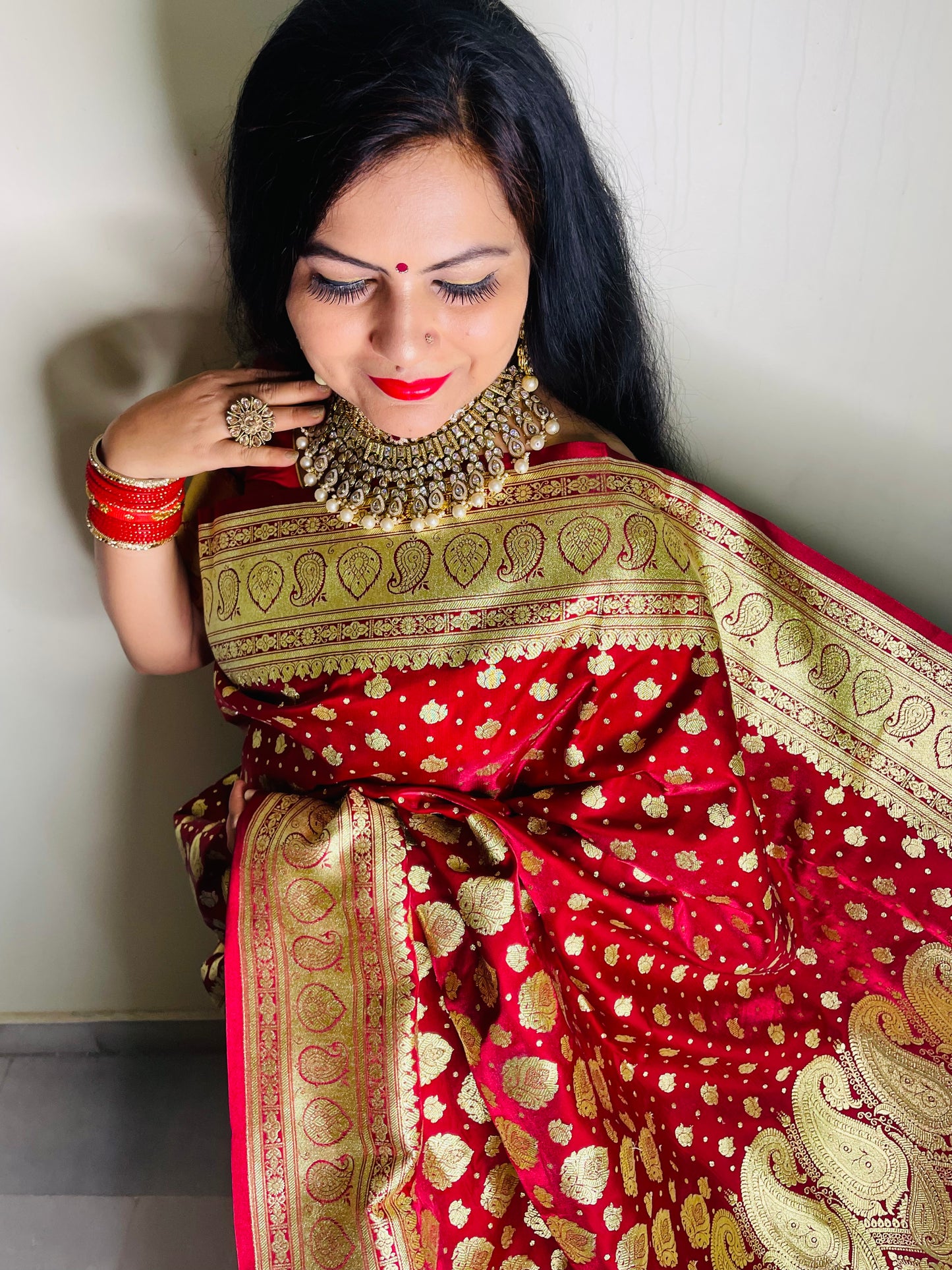 Faishana Presents Maroon Satin Silk Half Half Patli Zari Booti Saree With Maroon Blouse Piece