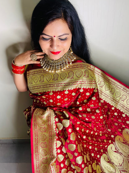 Faishana Presents Maroon Satin Silk Half Half Patli Zari Booti Saree With Maroon Blouse Piece