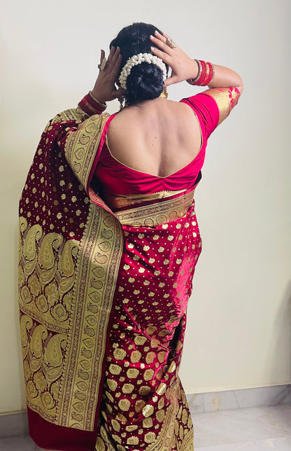Faishana Presents Maroon Satin Silk Half Half Patli Zari Booti Saree With Maroon Blouse Piece