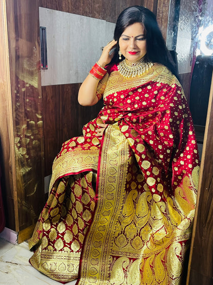 Faishana Presents Maroon Satin Silk Half Half Patli Zari Booti Saree With Maroon Blouse Piece