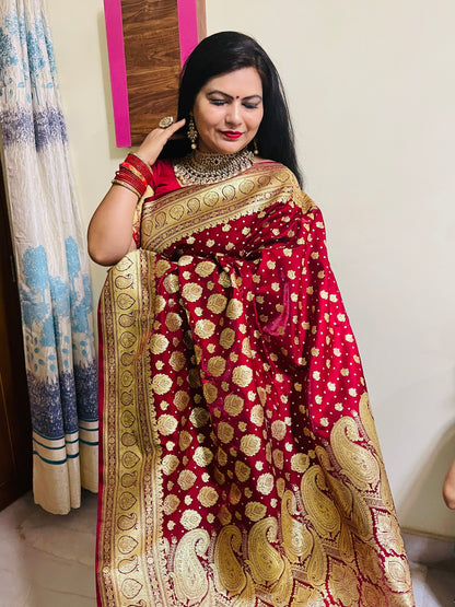Faishana Presents Maroon Satin Silk Half Half Patli Zari Booti Saree With Maroon Blouse Piece