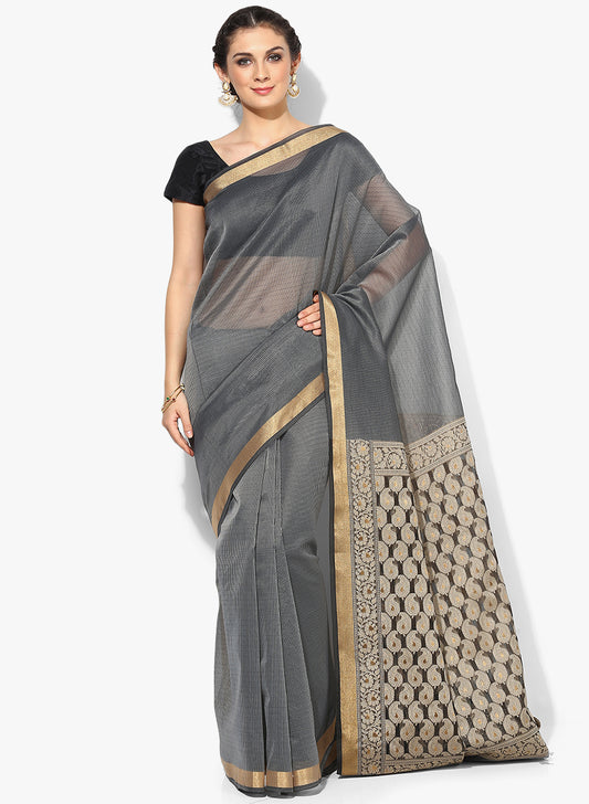 Faishana Presents Is Grey Resham Brocade Contrast Blue Zari Pattu Border Banarasi Saree.