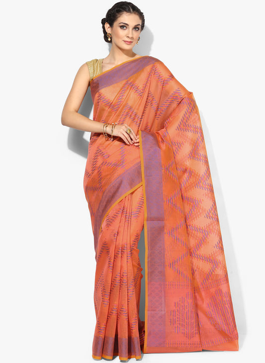 Faishana Presents Is Orange Resham Brocade Contrast Blue Zari Pattu Border Banarasi Saree