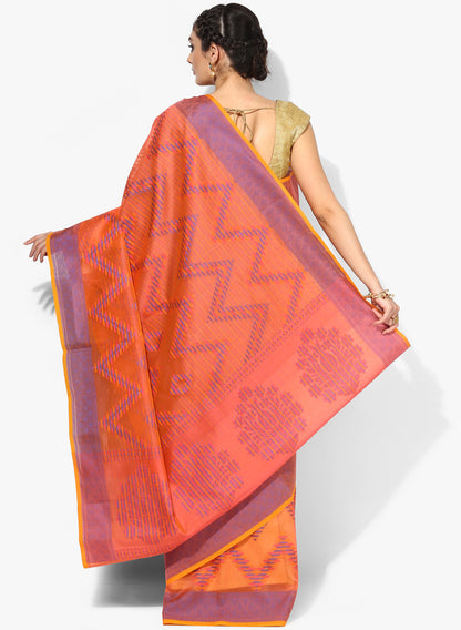 Faishana Presents Is Orange Resham Brocade Contrast Blue Zari Pattu Border Banarasi Saree