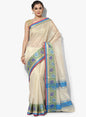 Faishana Presents Beige Resham Zari Stripe Brocade Contrast Blue Floral Zari Border Banarasi Saree