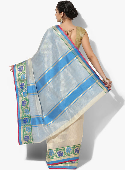 Faishana Presents Beige Resham Zari Stripe Brocade Contrast Blue Floral Zari Border Banarasi Saree